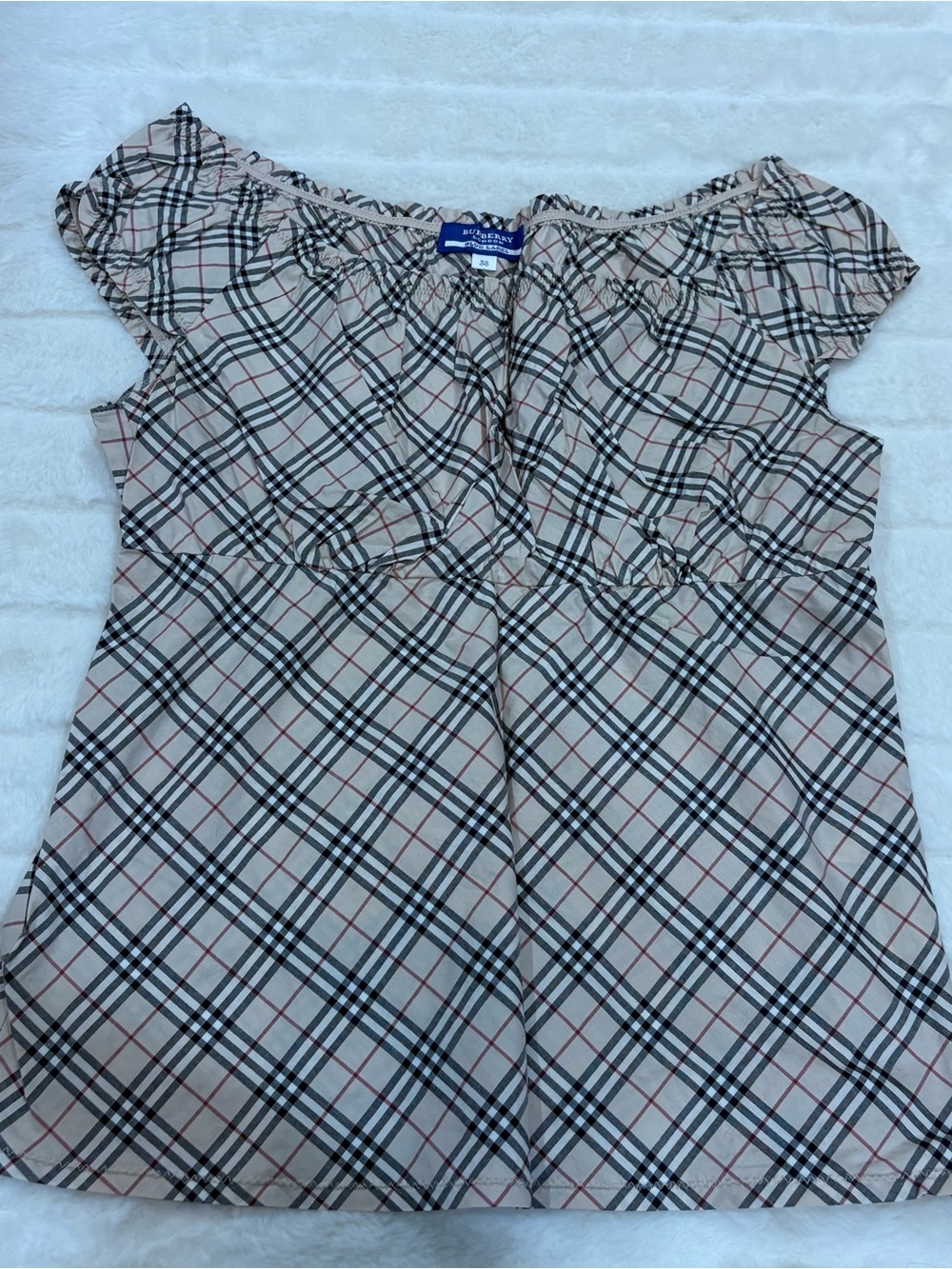 Burberry Beige Plaid Off-Shoulder Tunic with Black and Red Trim